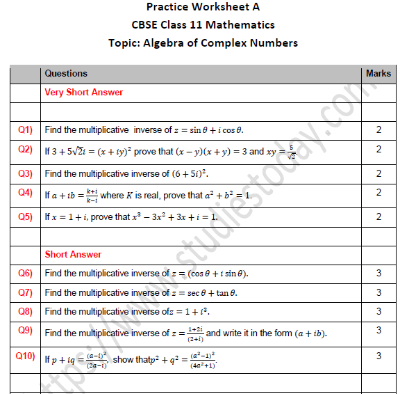 cbse-class-11-maths-algebra-of-complex-numbers-worksheet-set-a